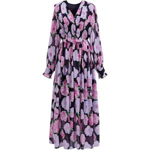 imageCHICWISH Womens OrangeLilacBlack VNeck Delicate Floral Print Buttons Shirred Chiffon Slit Maxi DressBlack