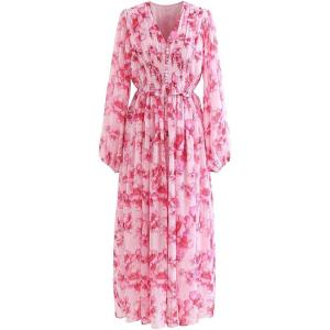 imageCHICWISH Womens OrangeLilacBlack VNeck Delicate Floral Print Buttons Shirred Chiffon Slit Maxi DressHot Pink