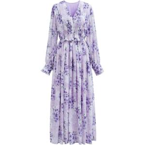 imageCHICWISH Womens OrangeLilacBlack VNeck Delicate Floral Print Buttons Shirred Chiffon Slit Maxi DressLilac