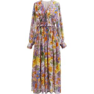 imageCHICWISH Womens OrangeLilacBlack VNeck Delicate Floral Print Buttons Shirred Chiffon Slit Maxi DressOrange