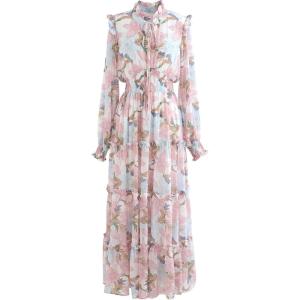 imageCHICWISH Womens Pink Lily Floral Blossom SelfTied VNeck Chiffon Maxi DressPink Lily