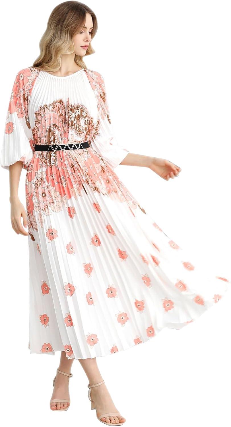 imageCHICWISH Women Pleated Long Sleeve Maxi Dress Watercolor Floral Print Crewneck Casual Flowy Summer Long Dresses with BeltCoral