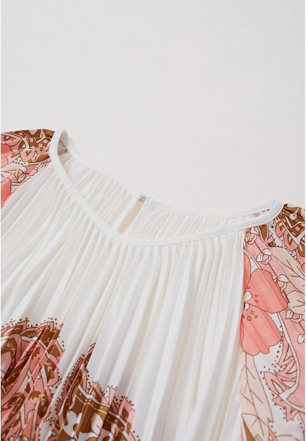 imageCHICWISH Women Pleated Long Sleeve Maxi Dress Watercolor Floral Print Crewneck Casual Flowy Summer Long Dresses with BeltCoral