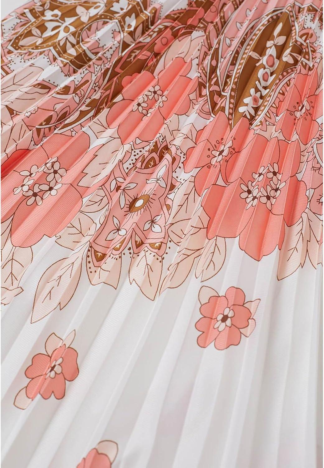imageCHICWISH Women Pleated Long Sleeve Maxi Dress Watercolor Floral Print Crewneck Casual Flowy Summer Long Dresses with BeltCoral