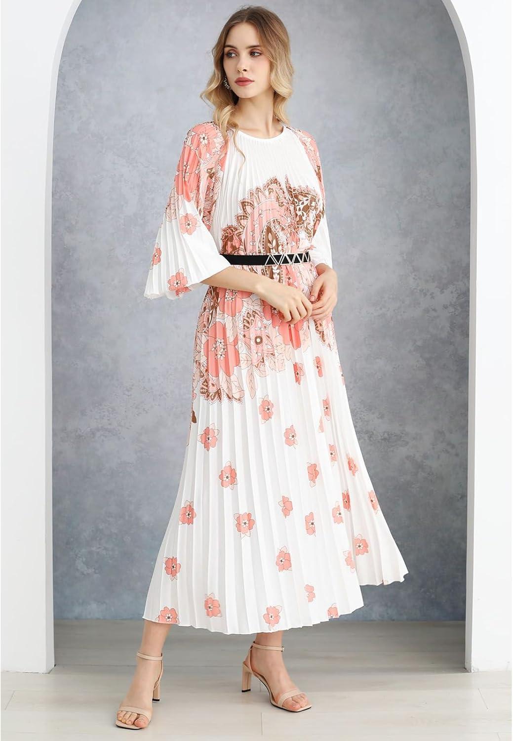 imageCHICWISH Women Pleated Long Sleeve Maxi Dress Watercolor Floral Print Crewneck Casual Flowy Summer Long Dresses with BeltCoral