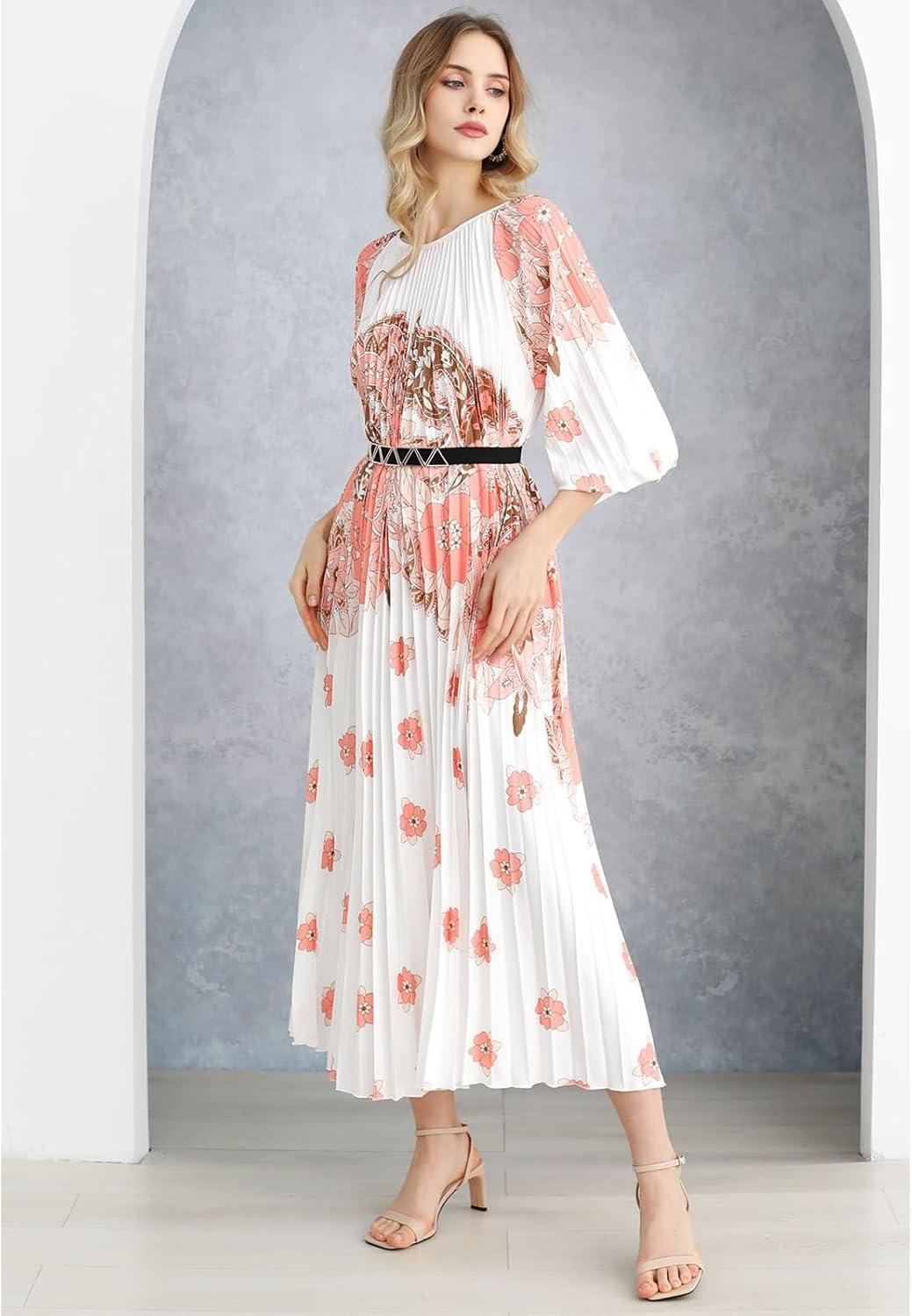 imageCHICWISH Women Pleated Long Sleeve Maxi Dress Watercolor Floral Print Crewneck Casual Flowy Summer Long Dresses with BeltCoral