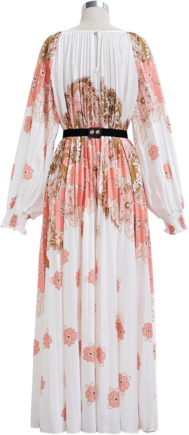 imageCHICWISH Women Pleated Long Sleeve Maxi Dress Watercolor Floral Print Crewneck Casual Flowy Summer Long Dresses with BeltCoral