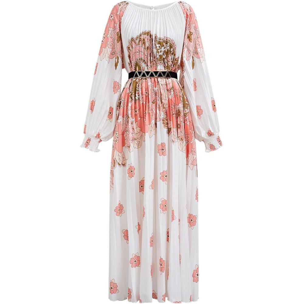 imageCHICWISH Women Pleated Long Sleeve Maxi Dress Watercolor Floral Print Crewneck Casual Flowy Summer Long Dresses with BeltCoral