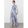 imageCHICWISH Women Blue Printed Full Pleated Maxi Dress Long Bubble Sleeves Button High Waist Summer Beach Long Dress with BeltBlue