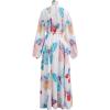 imageCHICWISH Women Butterfly Print Maxi Dress Pleated Puff Sleeve Cutout Crewneck Long Dresses Casual Flowy Dress with BeltBlue Butterfly