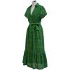 imageCHICWISH Women Embroidered Eyelet Frilling Midi Dress Cotton V Neck Button Short Sleeve Flowy Summer Green Dress with BeltGreen