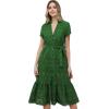 imageCHICWISH Women Embroidered Eyelet Frilling Midi Dress Cotton V Neck Button Short Sleeve Flowy Summer Green Dress with BeltGreen