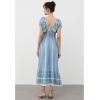 imageCHICWISH Women Embroidery V Neck Maxi Dress Short Sleeve High Elastic Waist Casual Blue Summer Cotton Long DressesBlue