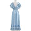 imageCHICWISH Women Embroidery V Neck Maxi Dress Short Sleeve High Elastic Waist Casual Blue Summer Cotton Long DressesBlue