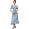 imageCHICWISH Women Embroidery V Neck Maxi Dress Short Sleeve High Elastic Waist Casual Blue Summer Cotton Long DressesBlue