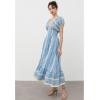 imageCHICWISH Women Embroidery V Neck Maxi Dress Short Sleeve High Elastic Waist Casual Blue Summer Cotton Long DressesBlue