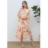 imageCHICWISH Women Floral Print Chiffon Midi Dress Ruffle Hem Casual V Neck Long Sleeve ALine Flowy 2024 Summer DressesOrange