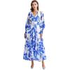imageCHICWISH Women Long Sleeves Chiffon Maxi Dress VNeck Leaf Printed Casual Spring Summer High Waist Blue Long DressBlue