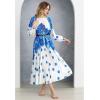 imageCHICWISH Women Pleated Long Sleeve Maxi Dress Watercolor Floral Print Crewneck Casual Flowy Summer Long Dresses with BeltBlue