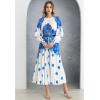 imageCHICWISH Women Pleated Long Sleeve Maxi Dress Watercolor Floral Print Crewneck Casual Flowy Summer Long Dresses with BeltBlue