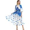 imageCHICWISH Women Pleated Long Sleeve Maxi Dress Watercolor Floral Print Crewneck Casual Flowy Summer Long Dresses with BeltBlue