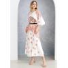imageCHICWISH Women Pleated Long Sleeve Maxi Dress Watercolor Floral Print Crewneck Casual Flowy Summer Long Dresses with BeltCoral