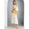 imageCHICWISH Women Pleated Long Sleeve Maxi Dress Watercolor Floral Print Crewneck Casual Flowy Summer Long Dresses with BeltYellow