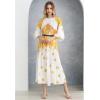 imageCHICWISH Women Pleated Long Sleeve Maxi Dress Watercolor Floral Print Crewneck Casual Flowy Summer Long Dresses with BeltYellow