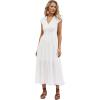 imageCHICWISH Women Summer Eyelet Embroidery Cotton Dress V Neck Cap Sleeve Ruffle Hem Elegant Button Down Long DressWhite