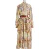 imageCHICWISH Womens RedPinkYellow Paisley Printed Ruffle Shirred Mock Neck Long Sleeve Belted Layered Tiered Chiffon DressYellow