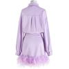 imageCHICWISH Womens WhiteBlackPurple Ethereal Feather Trimming Turn Down Collar Long Sleeve Satin DressPurple