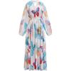 imageCHICWISH Women Butterfly Print Maxi Dress Pleated Puff Sleeve Cutout Crewneck Long Dresses Casual Flowy Dress with BeltBlue Butterfly