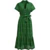 imageCHICWISH Women Embroidered Eyelet Frilling Midi Dress Cotton V Neck Button Short Sleeve Flowy Summer Green Dress with BeltGreen