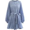 imageCHICWISH Womens Rose PaintingNavy FloralGreen Floret Bubble Sleeves Frilling Mini DressBlue Floret