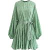 imageCHICWISH Womens Rose PaintingNavy FloralGreen Floret Bubble Sleeves Frilling Mini DressGreen Floret