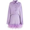 imageCHICWISH Womens WhiteBlackPurple Ethereal Feather Trimming Turn Down Collar Long Sleeve Satin DressPurple