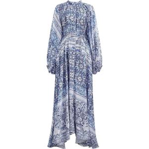 imageCHICWISH Women Blue Printed Full Pleated Maxi Dress Long Bubble Sleeves Button High Waist Summer Beach Long Dress with BeltBlue