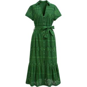 imageCHICWISH Women Embroidered Eyelet Frilling Midi Dress Cotton V Neck Button Short Sleeve Flowy Summer Green Dress with BeltGreen