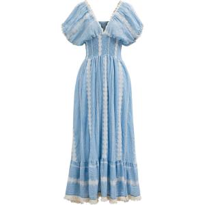 imageCHICWISH Women Embroidery V Neck Maxi Dress Short Sleeve High Elastic Waist Casual Blue Summer Cotton Long DressesBlue
