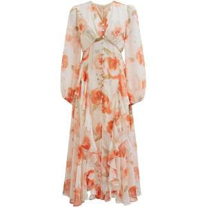imageCHICWISH Women Floral Print Chiffon Midi Dress Ruffle Hem Casual V Neck Long Sleeve ALine Flowy 2024 Summer DressesOrange
