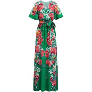 imageCHICWISH Women Floral Printed Maxi Dress Flutter Sleeve V Neck Summer Dresses Elastic Waist Green Wrap Long Dress with BeltGreen