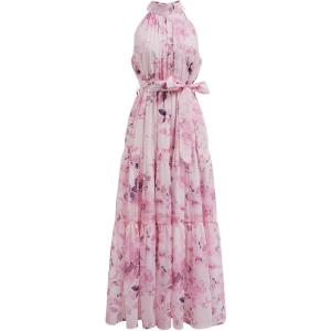 imageCHICWISH Women Halter Neck Maxi Dress Floral Print Sleeveless Flowy Summer Garden Party Long Dresses with Belt MintPink