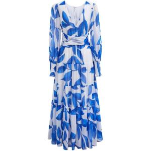 imageCHICWISH Women Long Sleeves Chiffon Maxi Dress VNeck Leaf Printed Casual Spring Summer High Waist Blue Long DressBlue