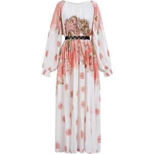 imageCHICWISH Women Pleated Long Sleeve Maxi Dress Watercolor Floral Print Crewneck Casual Flowy Summer Long Dresses with BeltCoral