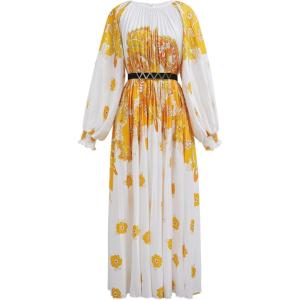 imageCHICWISH Women Pleated Long Sleeve Maxi Dress Watercolor Floral Print Crewneck Casual Flowy Summer Long Dresses with BeltYellow