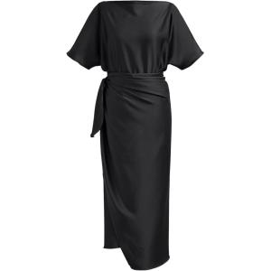 imageCHICWISH Women Satin Short Sleeve Maxi Dress Elegant Boat Neck Cocktail Evening Party Wrap Long DressBlack
