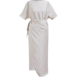 imageCHICWISH Women Satin Short Sleeve Maxi Dress Elegant Boat Neck Cocktail Evening Party Wrap Long DressIvory