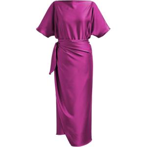 imageCHICWISH Women Satin Short Sleeve Maxi Dress Elegant Boat Neck Cocktail Evening Party Wrap Long DressMagenta