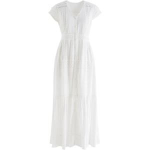 imageCHICWISH Women Summer Eyelet Embroidery Cotton Dress V Neck Cap Sleeve Ruffle Hem Elegant Button Down Long DressWhite