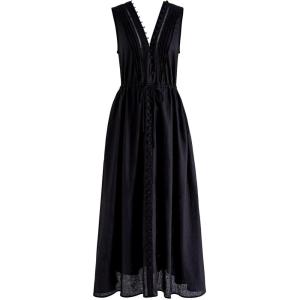 imageCHICWISH Women V Neck Sleeveless Midi Long Dress Casual Button Beach Summer Vacation Linen Midi Dress with Side PocketsBlack